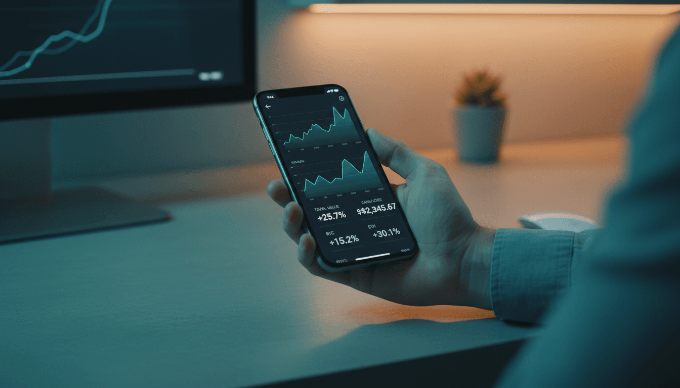 Cryptocurrency portfolio dashboard showing performance metrics and upward trending charts on a smartphone